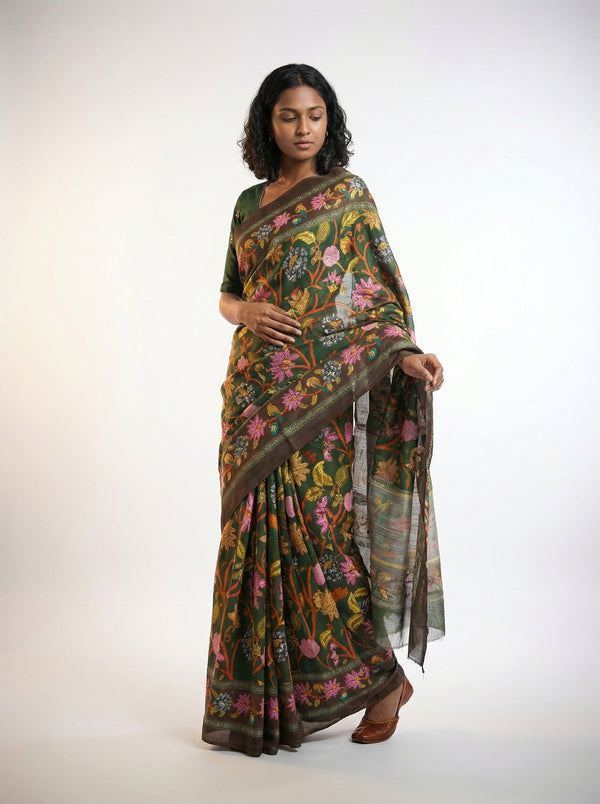 Cotton Green Multicolor Floral Design Saree with Rich Border