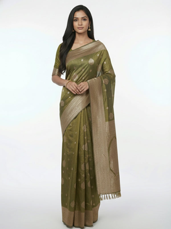 Semi Silk Premium Brownish Green Saree with Floral Blouse Piece