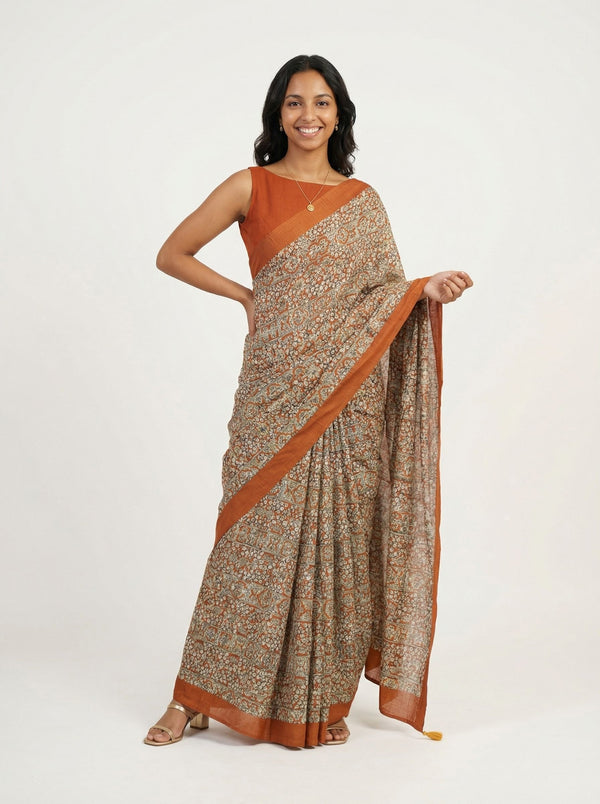 Chanderi Cotton Rust Orange And Beige Printed Saree