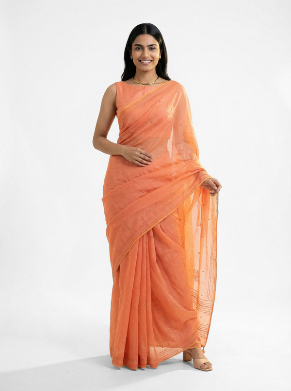 Chanderi Cotton Peach Embroidered Floral Pattern Saree