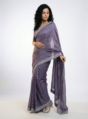 Vijithra Silk Dusty Lavender Stripe Pattern Stone Work Designer Saree