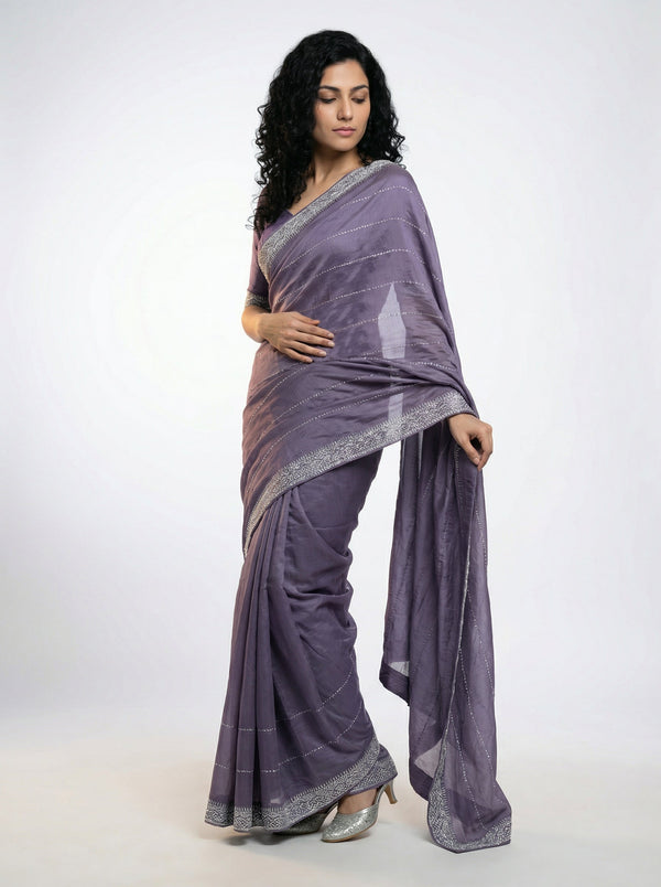 Vijithra Silk Dusty Lavender Stripe Pattern Stone Work Designer Saree