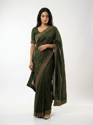 Vijithra Silk Green Circle Pattern Stone Work Designer Saree