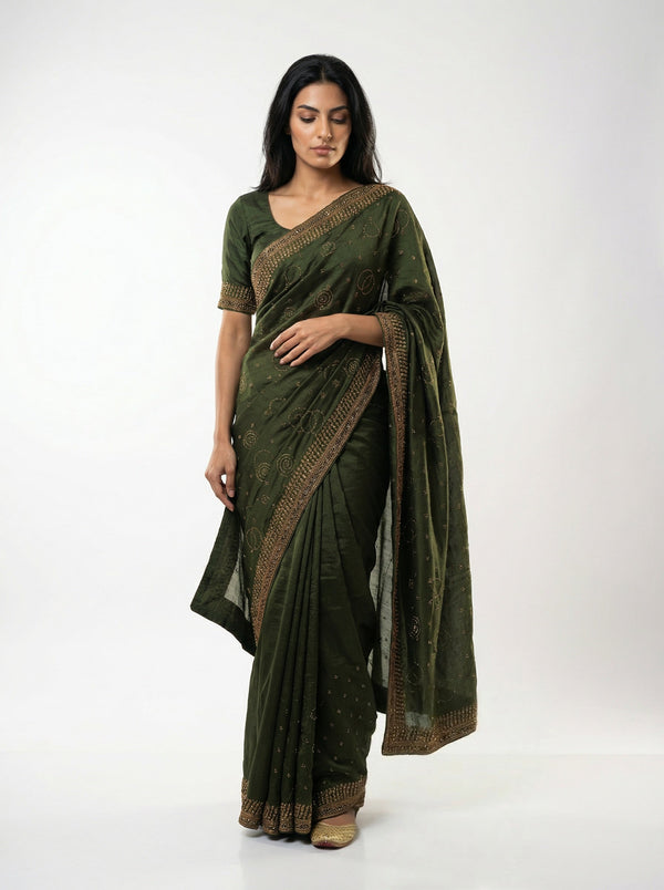 Vijithra Silk Green Circle Pattern Stone Work Designer Saree