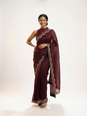 Organza Wine Maroon Stone Work  Border Designer Saree