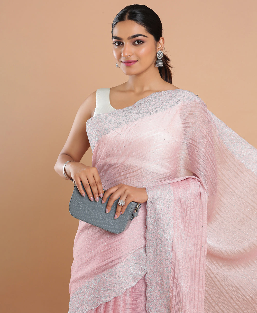 Poly Chiffon Ethnic Wear Peach Color Saree