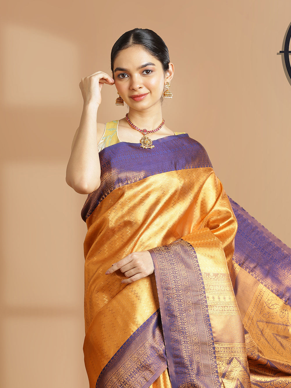 Copper Color Tissue Saree With Self ZigZag Design Over Body And Navy Blue Border