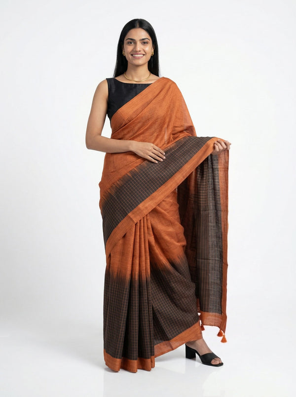 Chanderi Cotton Rust Brown Saree With Black Checked Border