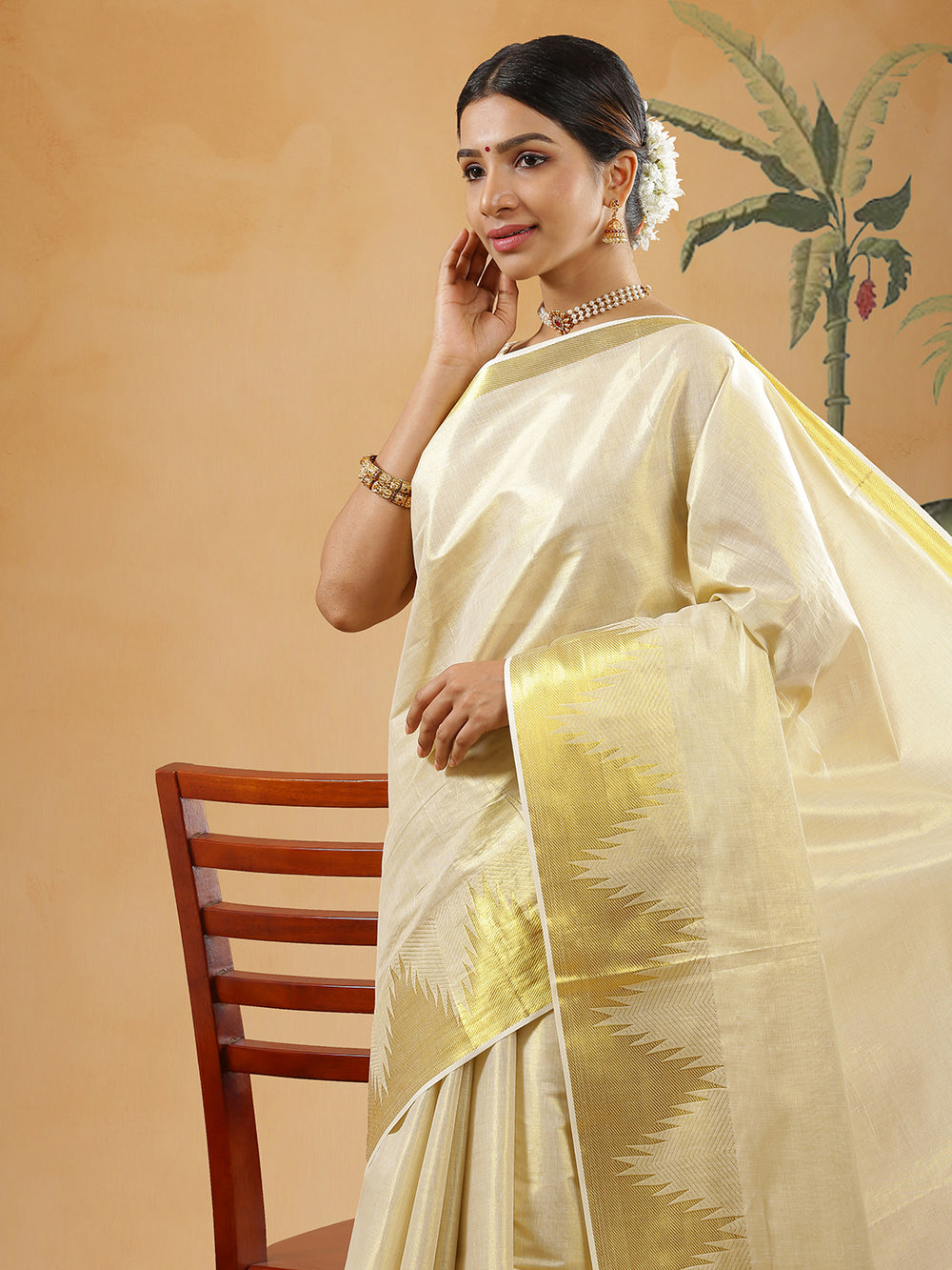 Golden Tissue Plain Set Saree With Golden Temple Design Over Down Side Border