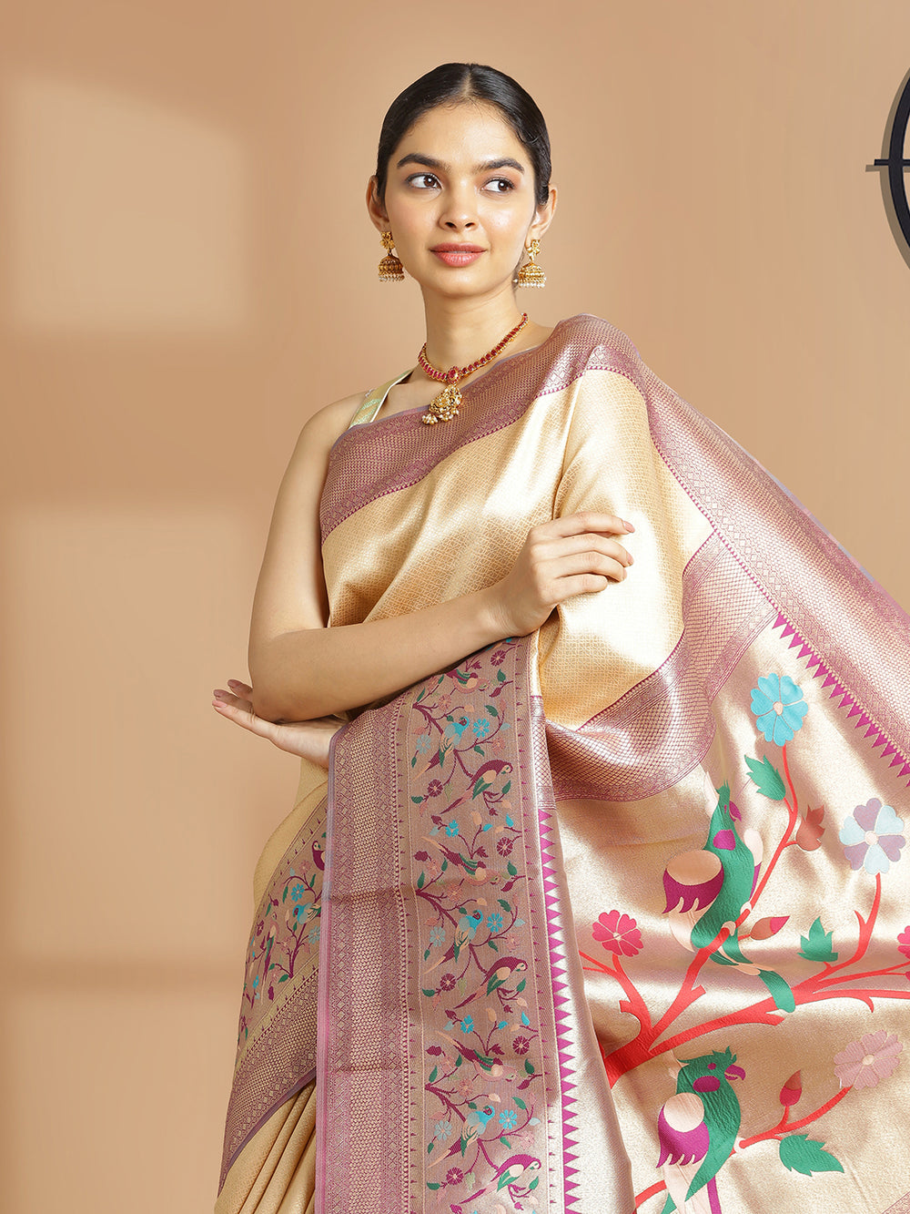 Warm Ivory Color Golden Woven Designed Art Silk Saree With Purple Border