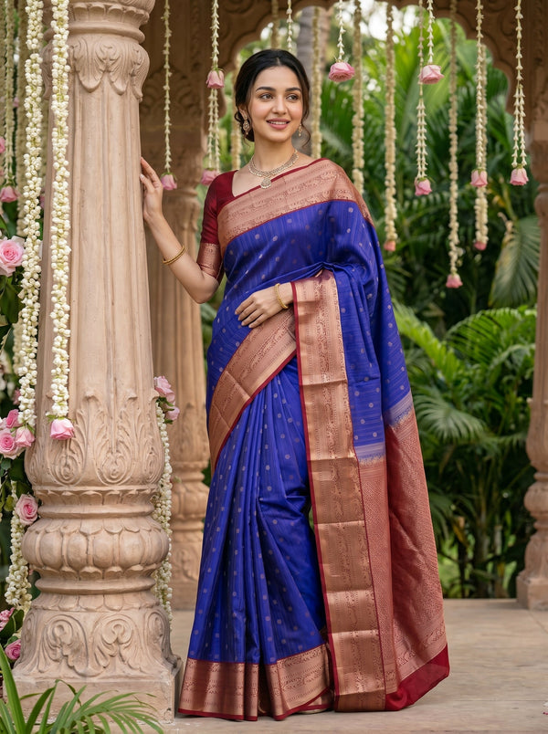 Kanjivaram Royal Blue Saree with Gold Zari Butta Pattern and Antique Gold Zari Border
