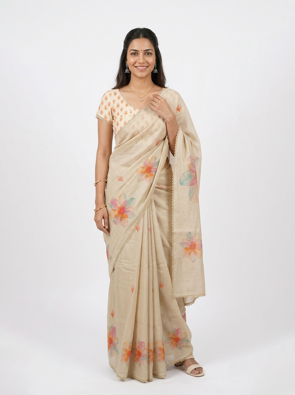 Tissue Beige Floral Print Border Saree