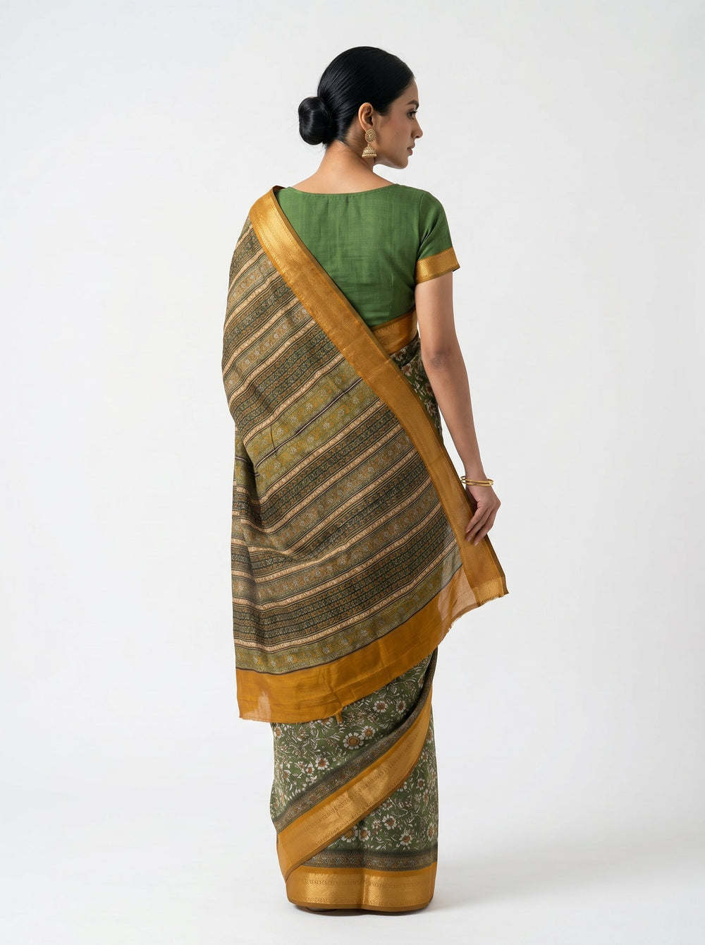 Chanderi Cotton Olive Green Floral Printed Saree