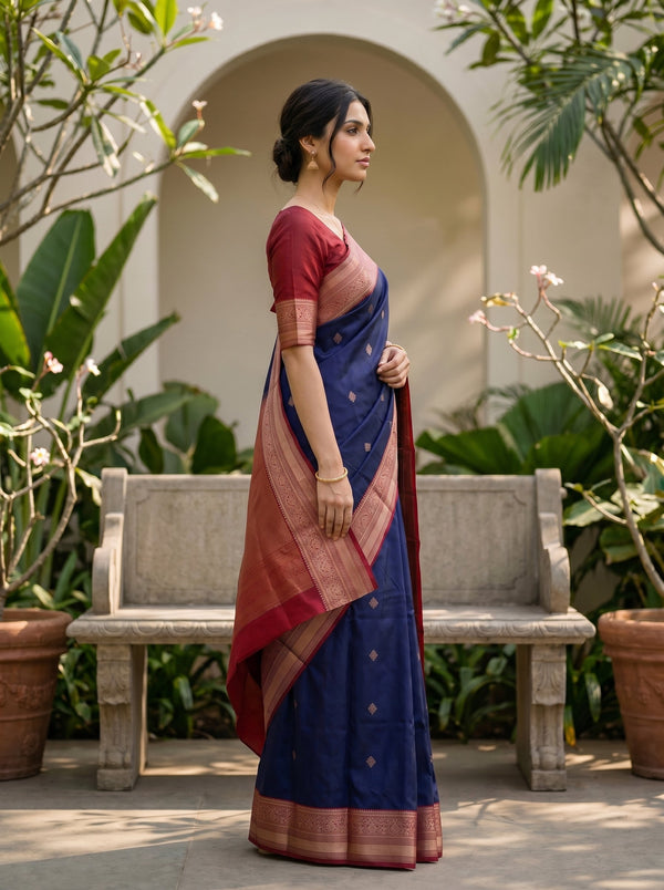Kanjivaram Pure Silk Navy Blue Traditional Saree with Gold Woven Pallu