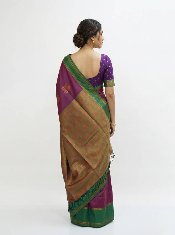 Semi Silk Magenta and Green Contrast Saree