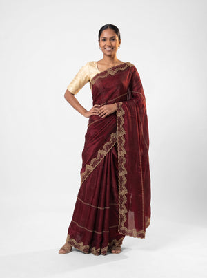 Organza Wine Red Stone Scalloped Border Designer Saree