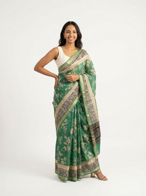 Chanderi Cotton Green And Beige Floral Printed Saree