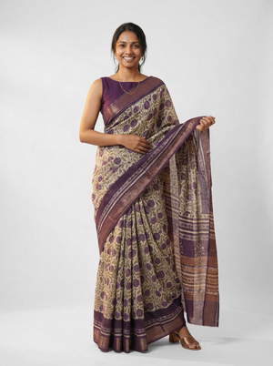 Chanderi Cotton Beige And Purple Floral Printed Saree