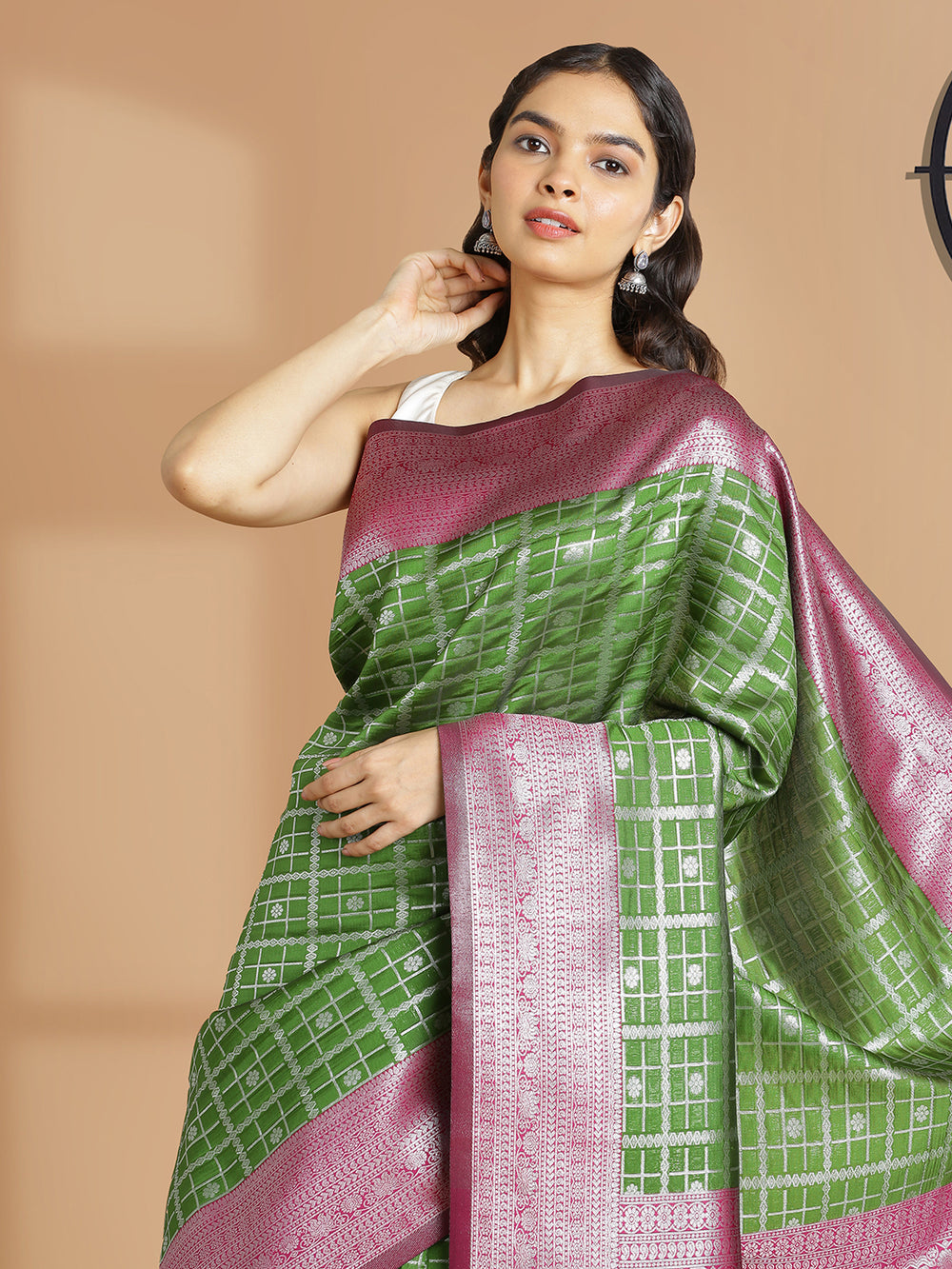 Mehandi Green Silver Check Designed Art Silk Saree With Wine Color Border