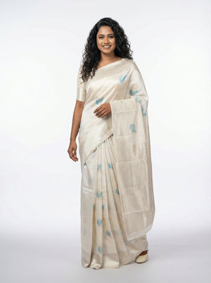 Semi Silk Classic Off White Saree with Alternating Leaf Motifs