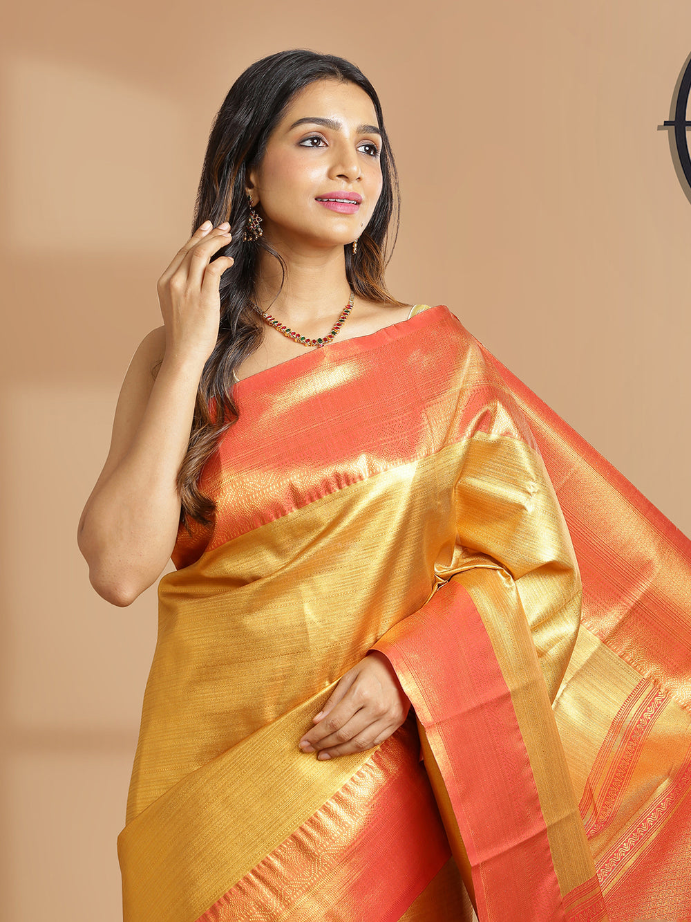 Copper And Golden Color Tissue Saree With Self Horizontal Design Over Body And Red Border