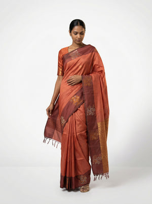 Art Silk Rust Orange Floral Butta Printed Saree with Contrast Border