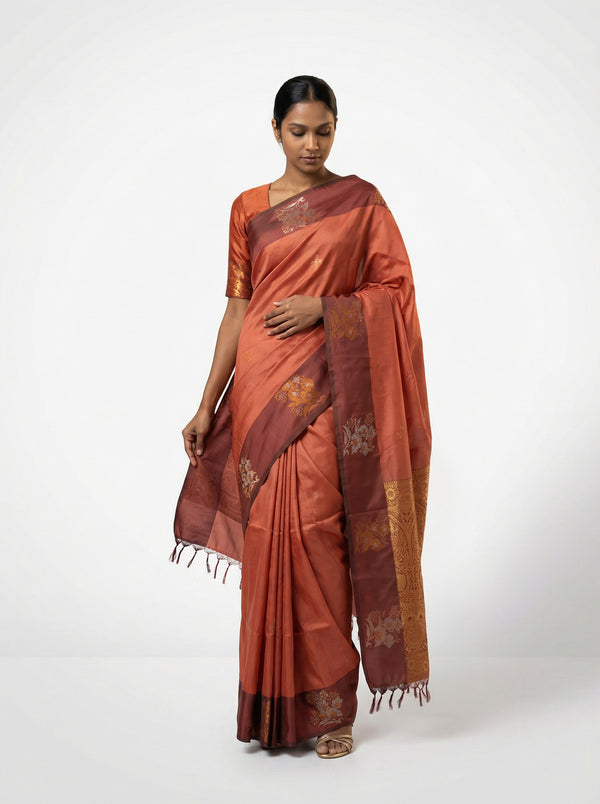Art Silk Rust Orange Floral Butta Printed Saree with Contrast Border