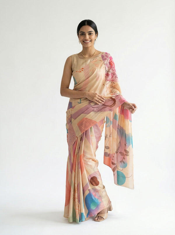 Chanderi Cotton Cream Abstract Floral Saree