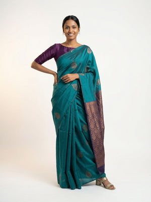 Art silk Teal Green Saree with Purple Zari Woven Border and Paisley Butta