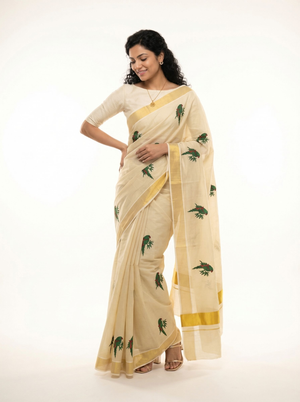 Cotton Cream Saree with Parrot Motif Print Pattern Onam Special Kerala Saree