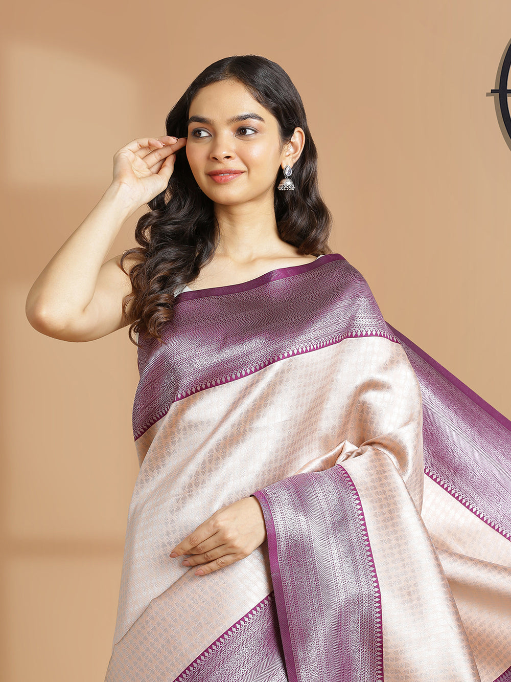Pastel Peach Color Art Silk Saree With Silver Temple Design Over Body