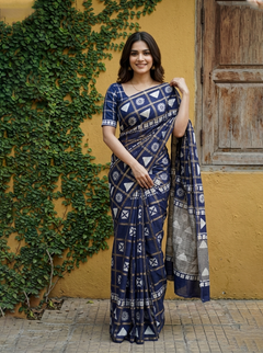 Chanderi Cotton Navy Blue Geometric Printed Saree