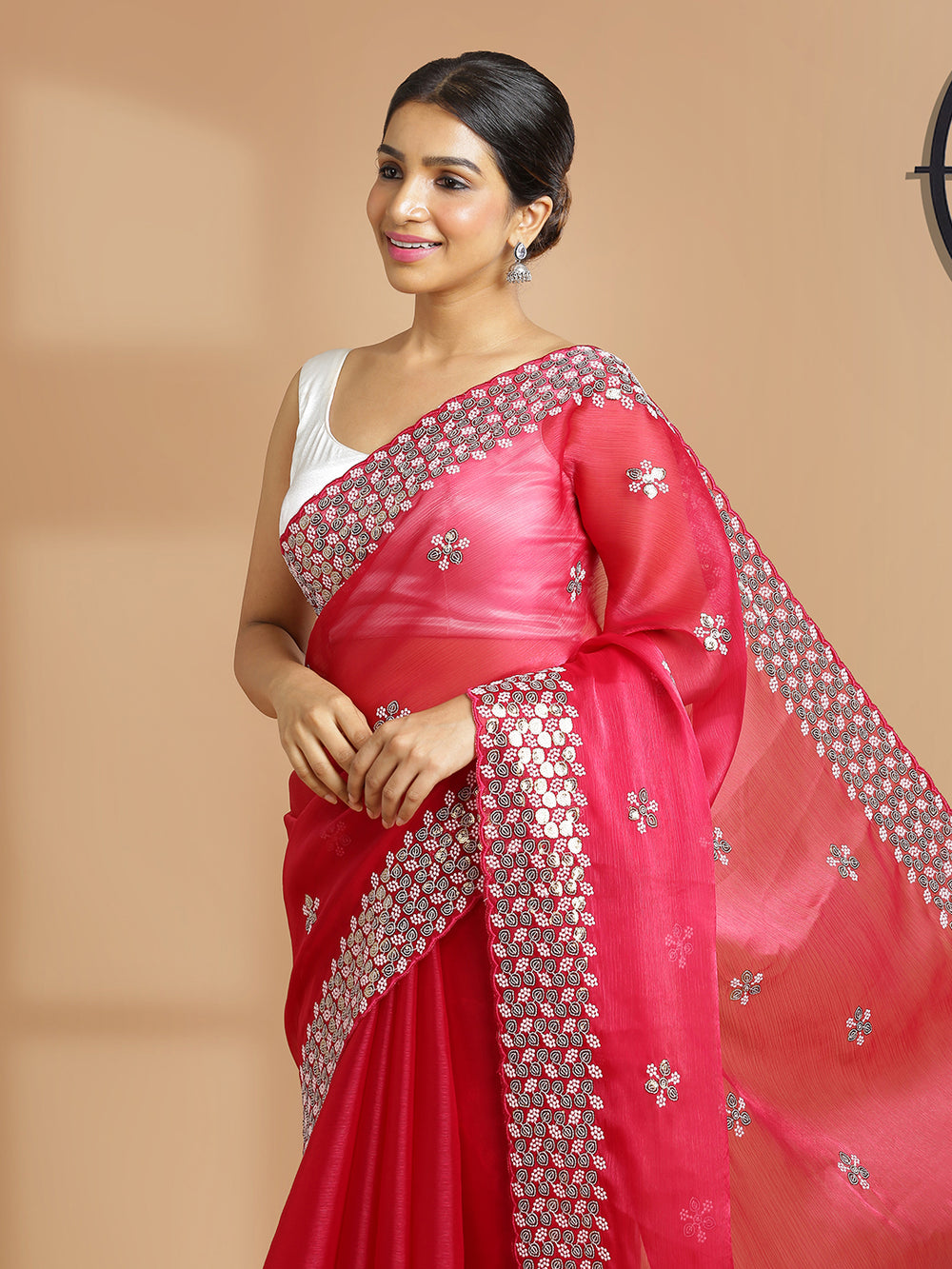 Ruby Red Organza Tissue Saree With Thread And Sequence Worked Buttas Over Body