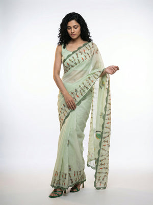 Cotton Light Green Saree with Folk Art Prints