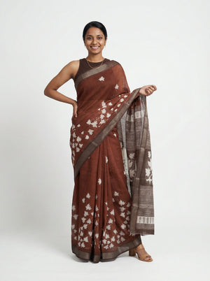 Chanderi Cotton Brown Floral Printed Pattern Saree