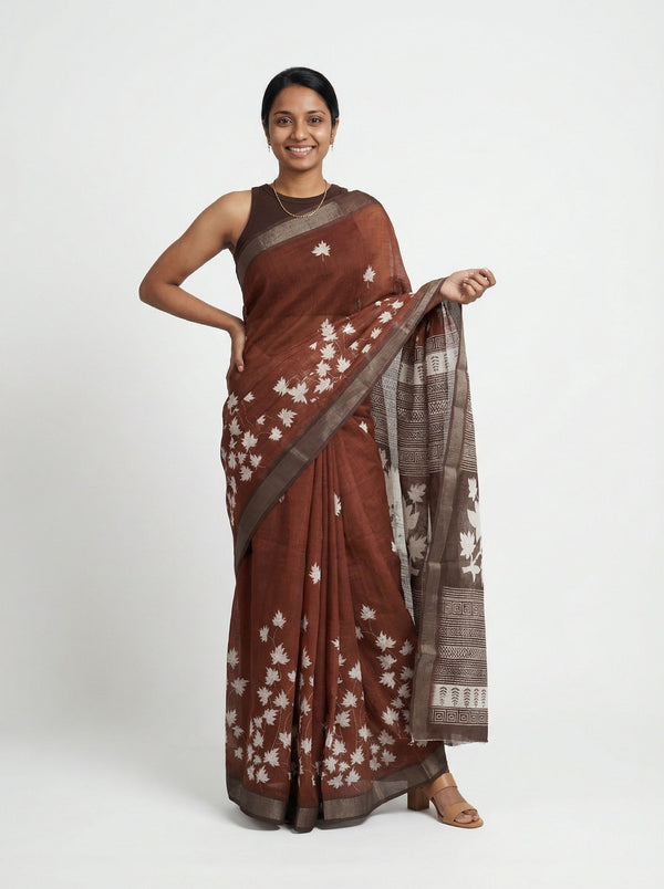 Chanderi Cotton Brown Floral Printed Pattern Saree
