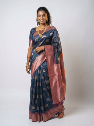 Chanderi Silk Premium Peacock Blue Saree with Geometric Square Motifs