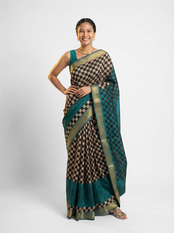 Chanderi Cotton Teal Checkered Saree