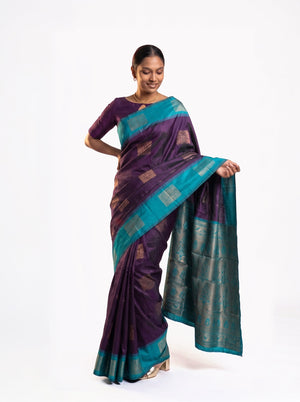 Art Silk Deep Purple and Turquoise Blue Zari Woven Saree with Geometric Block Pattern
