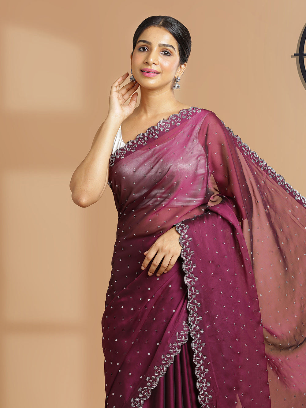 Wine Poly Chiffon Saree With Silver Sequent Design Over Body