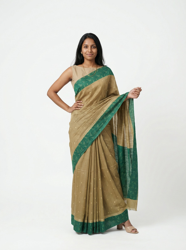 Chanderi Cotton Olive Green Border Saree
