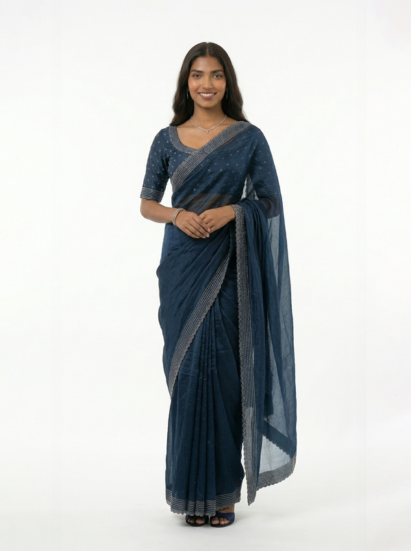 Organza Navy Blue Minimal Small Stone Work  Border Designer Saree