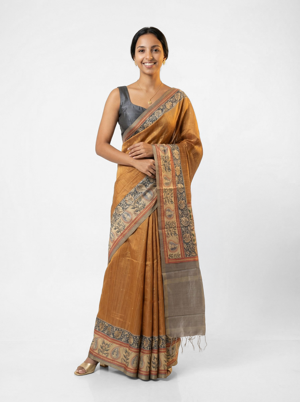 Chanderi Cotton Saree Mustard Yellow & Grey Floral Printed Pattern Saree