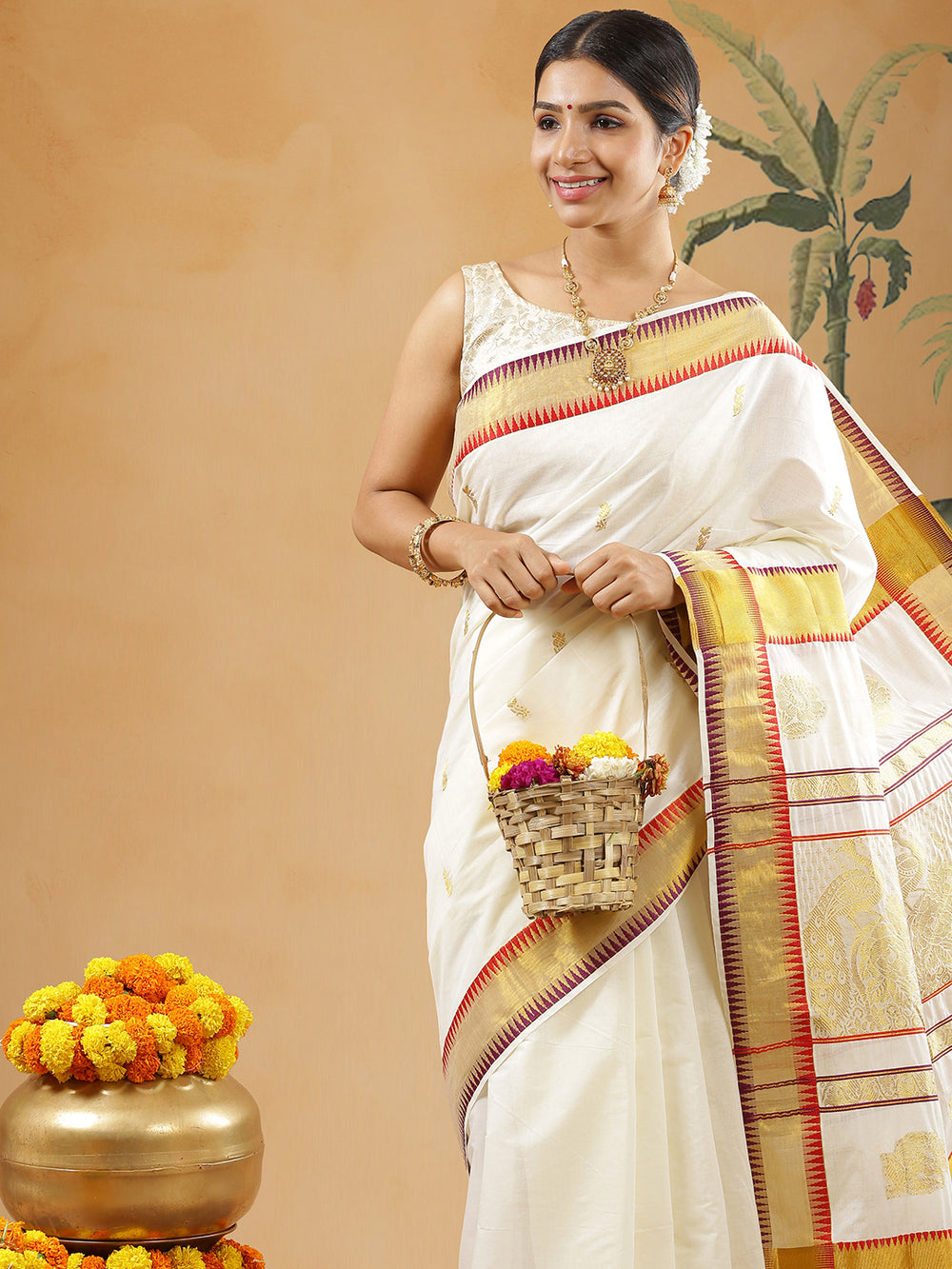 Off White Color Cotton Set Saree With Red And Violet Temple Designed Kasavu Border