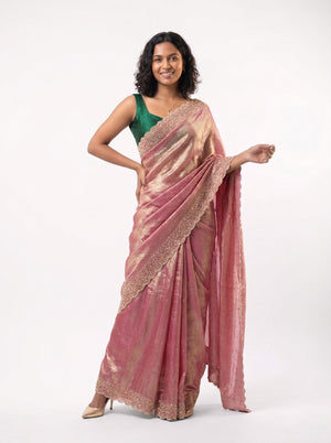 Organza Blush Pink Beads Work Scalloped Designer Saree