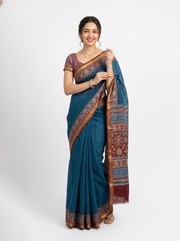 Chanderi Teal Blue Ikat Border Saree