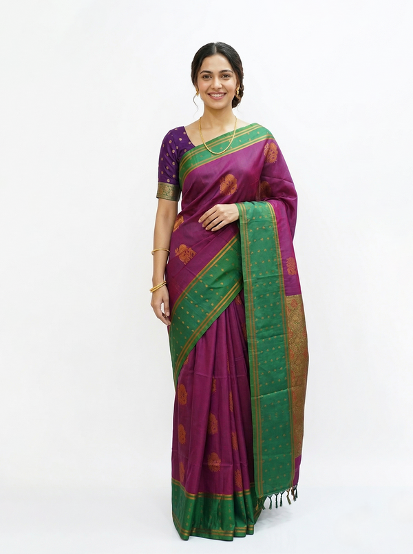 Semi Silk Magenta and Green Contrast Saree