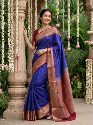Kanjivaram Royal Blue Saree with Gold Zari Butta Pattern and Antique Gold Zari Border