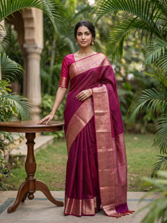 Kanjivaram Silk Magenta Pink Saree with Gold Zari Butta Design
