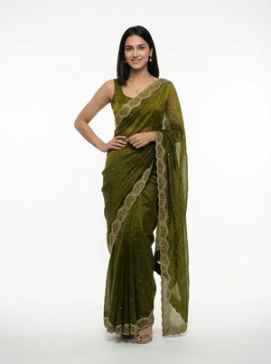 Organza Olive Green Small Stone Scalloped Border Designer Saree